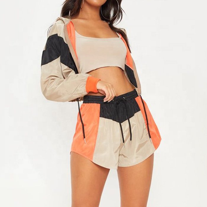 Wholesale women's Color Block Shell Suit Short Crop Top Woman Windbreaker Short Set Tracksuit