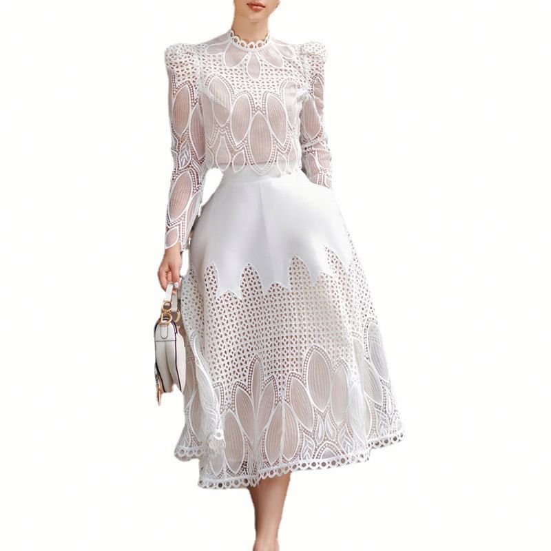 Bettergirl 2024 Boutique Wholesale Autumn and Winter Lace Embroidery Hollow Out Top Half Skirt Fashion Women's Set