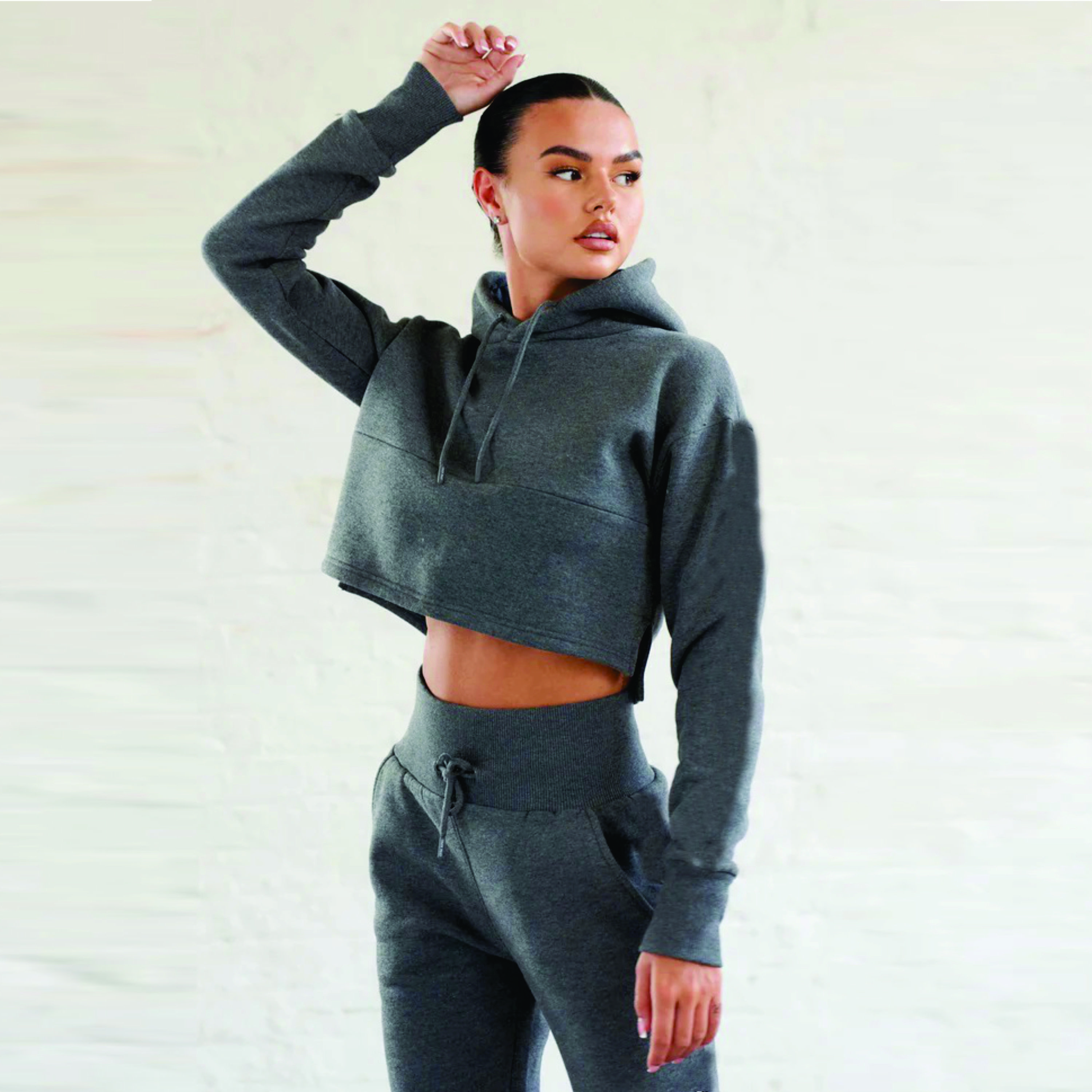 Mid Grey Marl Women's Hoodie with 58% Polyester 42% Cotton Low MOQ Sky Crop Design and Puff Printing ODM Supply