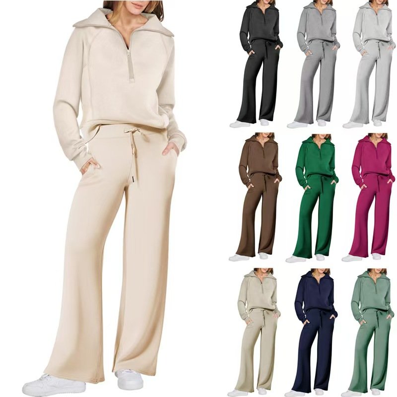 Women's 2024 Fall Oversized Half Zip Sweatshirt and Wide Leg Lounge Set 2-Piece Outfits Sweatsuit Nonwoven Clothes Tracksuit