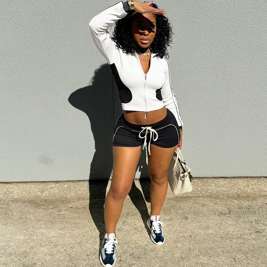 Kliou K24S54894 Fall new arrivals 2 piece short set women long sleeve shirt zipper outfits casual women's Sets
