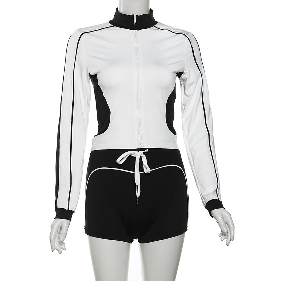 Kliou K24S54894 Fall new arrivals 2 piece short set women long sleeve shirt zipper outfits casual women's Sets