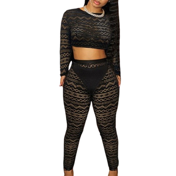 DG092284 Fall 2024 women clothes See Through Mesh Long Sleeve Crop Top And Pant women's sets