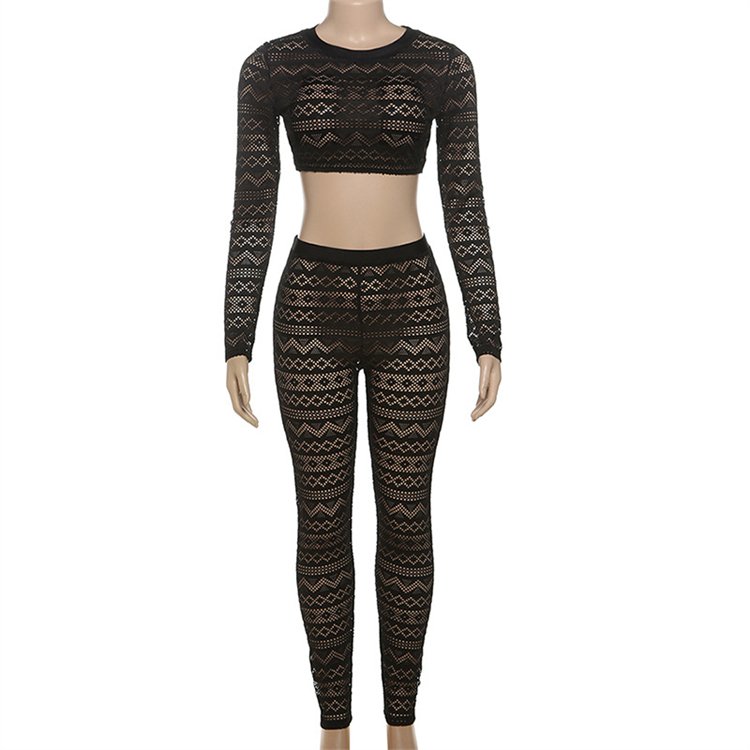 DG092284 Fall 2024 women clothes See Through Mesh Long Sleeve Crop Top And Pant women's sets
