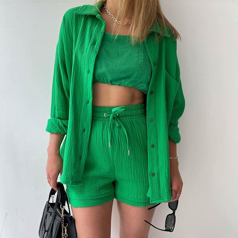dropshipping products spring fall women's clothes women ruffled lapels long sleeve shirt shorts casual two piece ladies sets