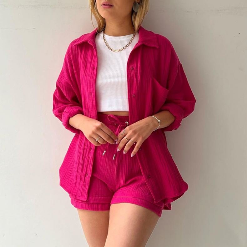 dropshipping products spring fall women's clothes women ruffled lapels long sleeve shirt shorts casual two piece ladies sets