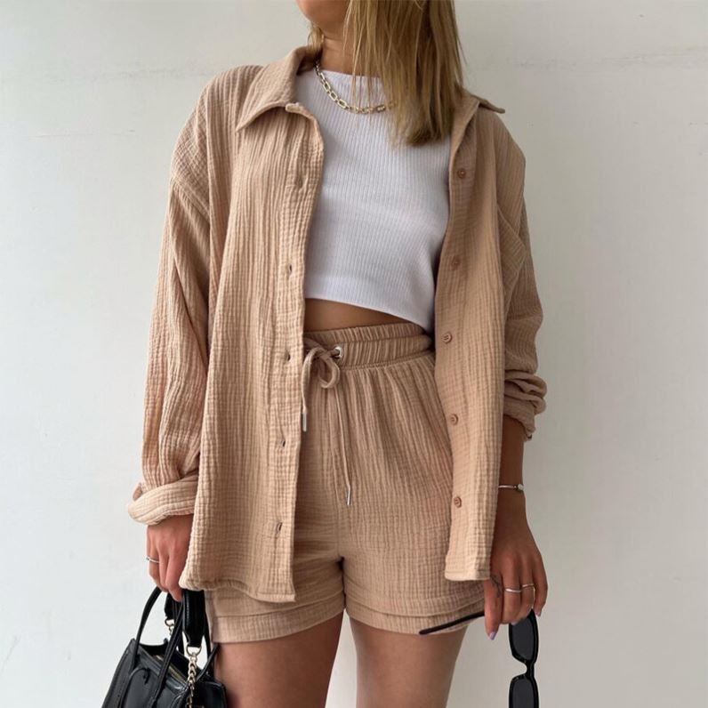 dropshipping products spring fall women's clothes women ruffled lapels long sleeve shirt shorts casual two piece ladies sets