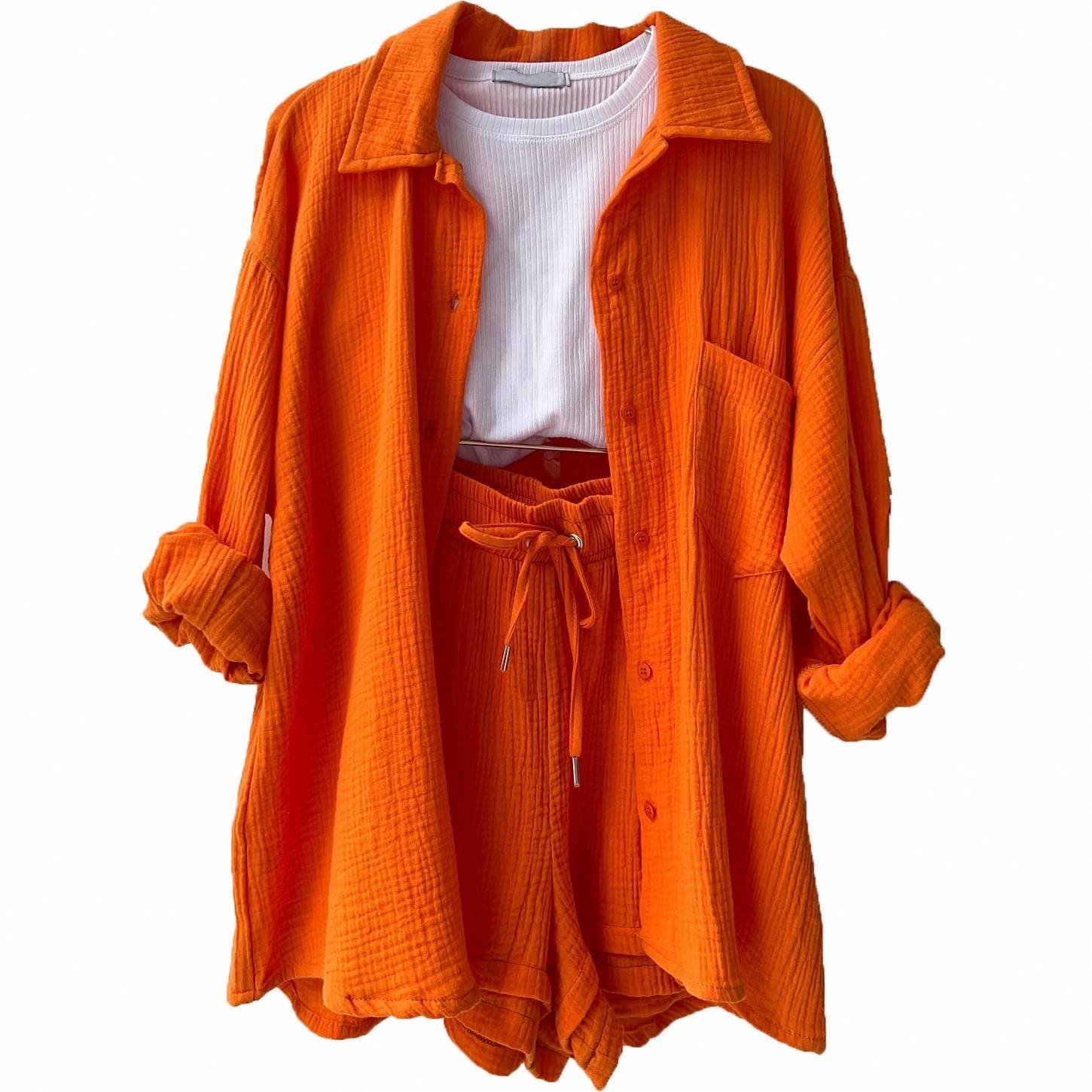 dropshipping products spring fall women's clothes women ruffled lapels long sleeve shirt shorts casual two piece ladies sets