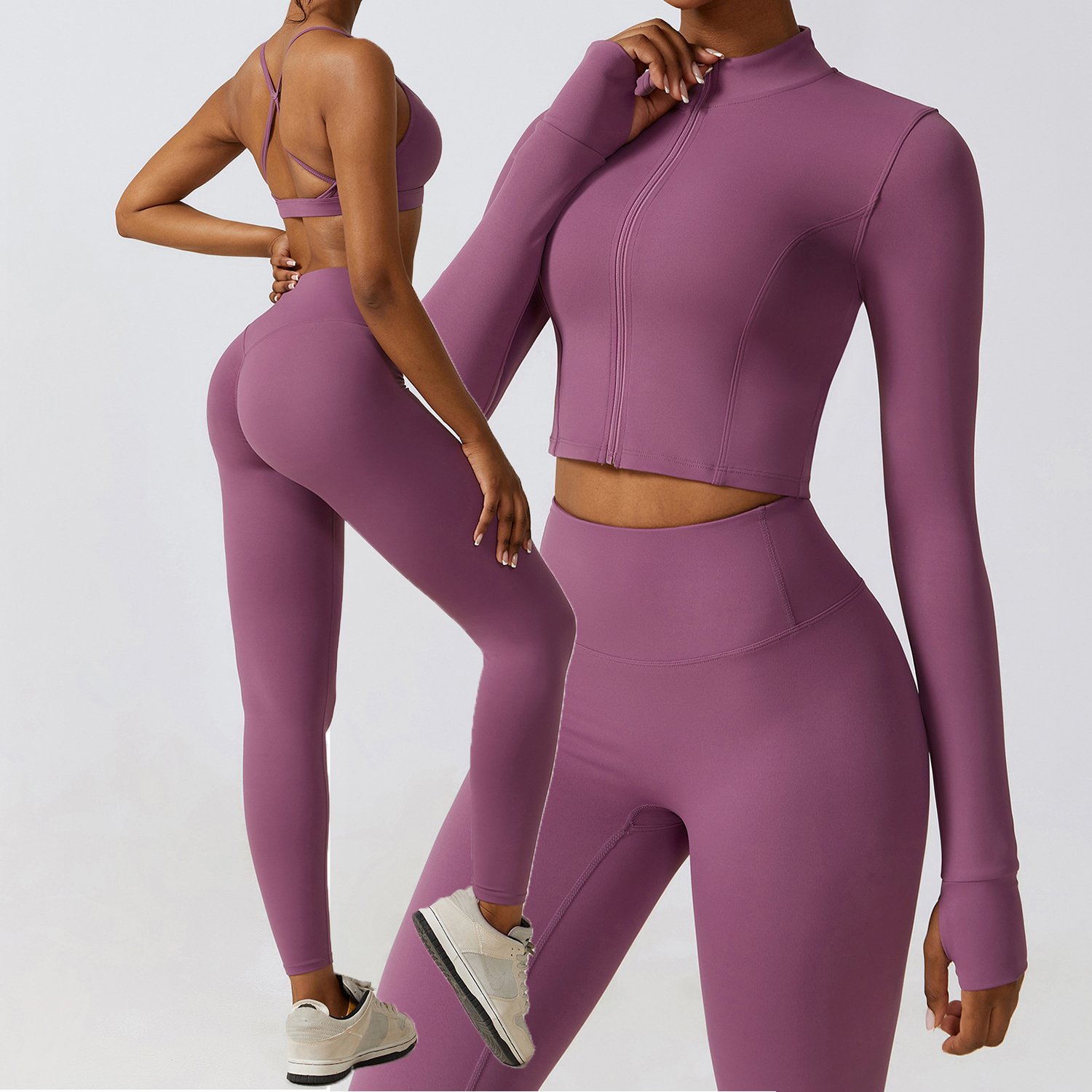 Wholesale Athleisure Fitness Clothing Women Gym Clothes Butt Lift Women Long Sleeve 4 Piece Yoga Sets