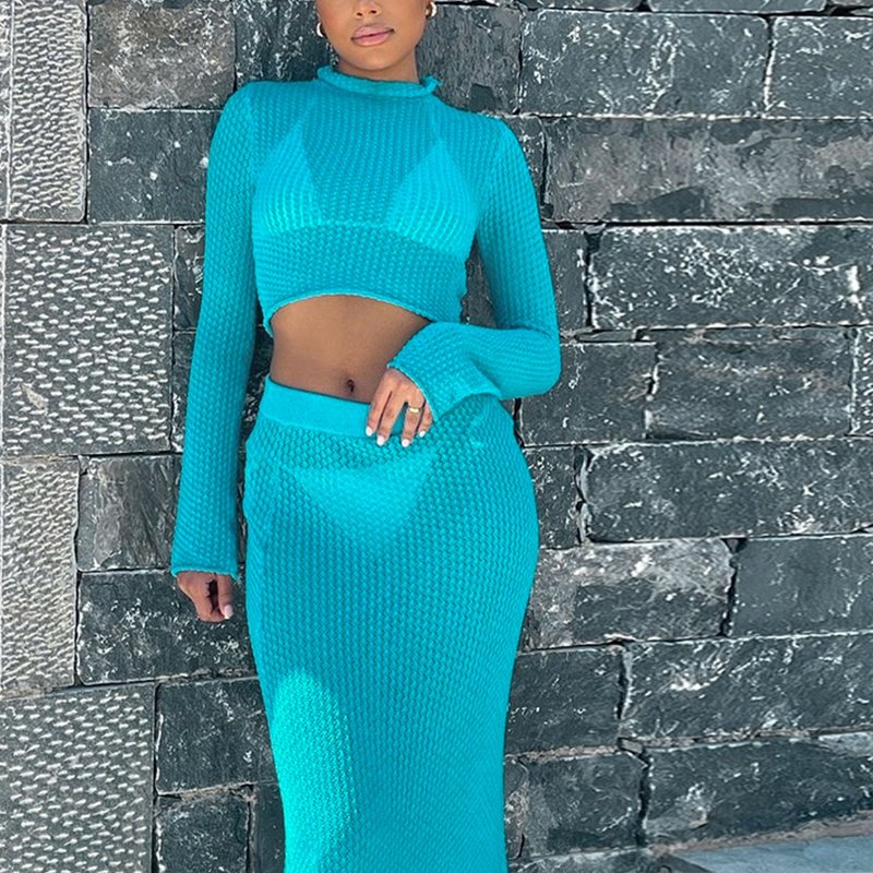 Women's 2023 Fall New Fashion Round Neck Long Sleeve Navel Top Solid Color Slim Skirt two piece set