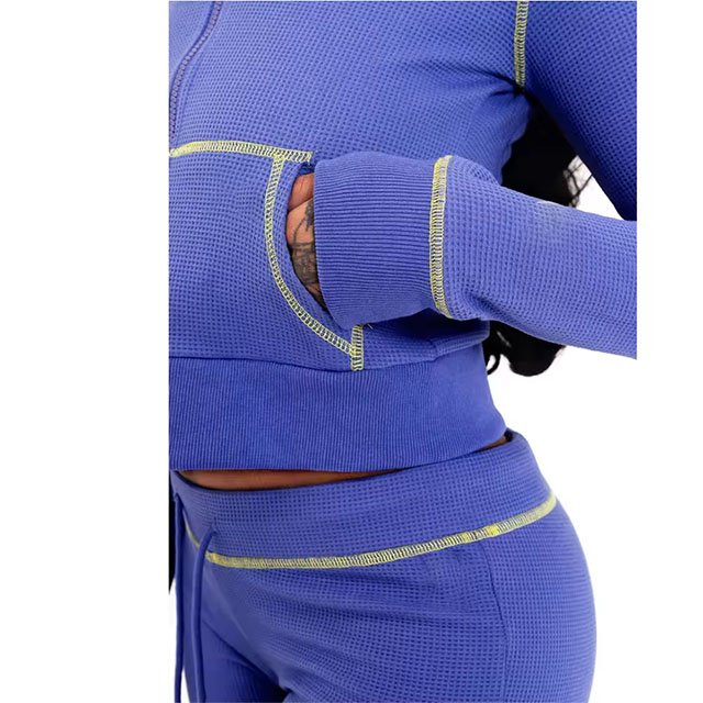 2024 Custom Waffle Knit Lounge Wear Sets Women Body Basics Zipper Hoodie Jacket And Flared Pants Loungewear Women 2 Piece Sets