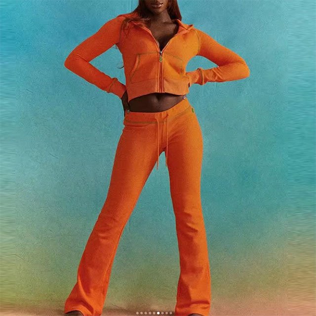 2024 Custom Waffle Knit Lounge Wear Sets Women Body Basics Zipper Hoodie Jacket And Flared Pants Loungewear Women 2 Piece Sets