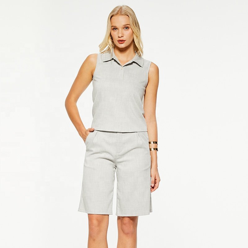 Two Piece Set Grey Sleeveless Comfortable Loose Women's Lapel Casual V-neck Sets