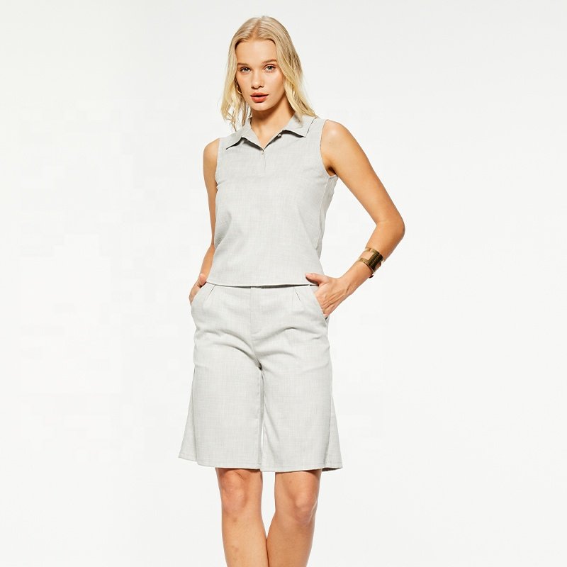 Two Piece Set Grey Sleeveless Comfortable Loose Women's Lapel Casual V-neck Sets