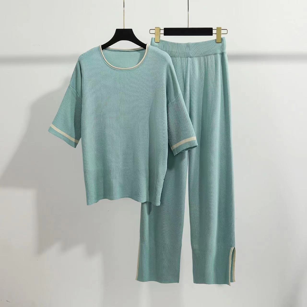 Modest Knitwear Shortsleeve Pullover And Pants Outfits Women'S Sets Plus Size Summer
