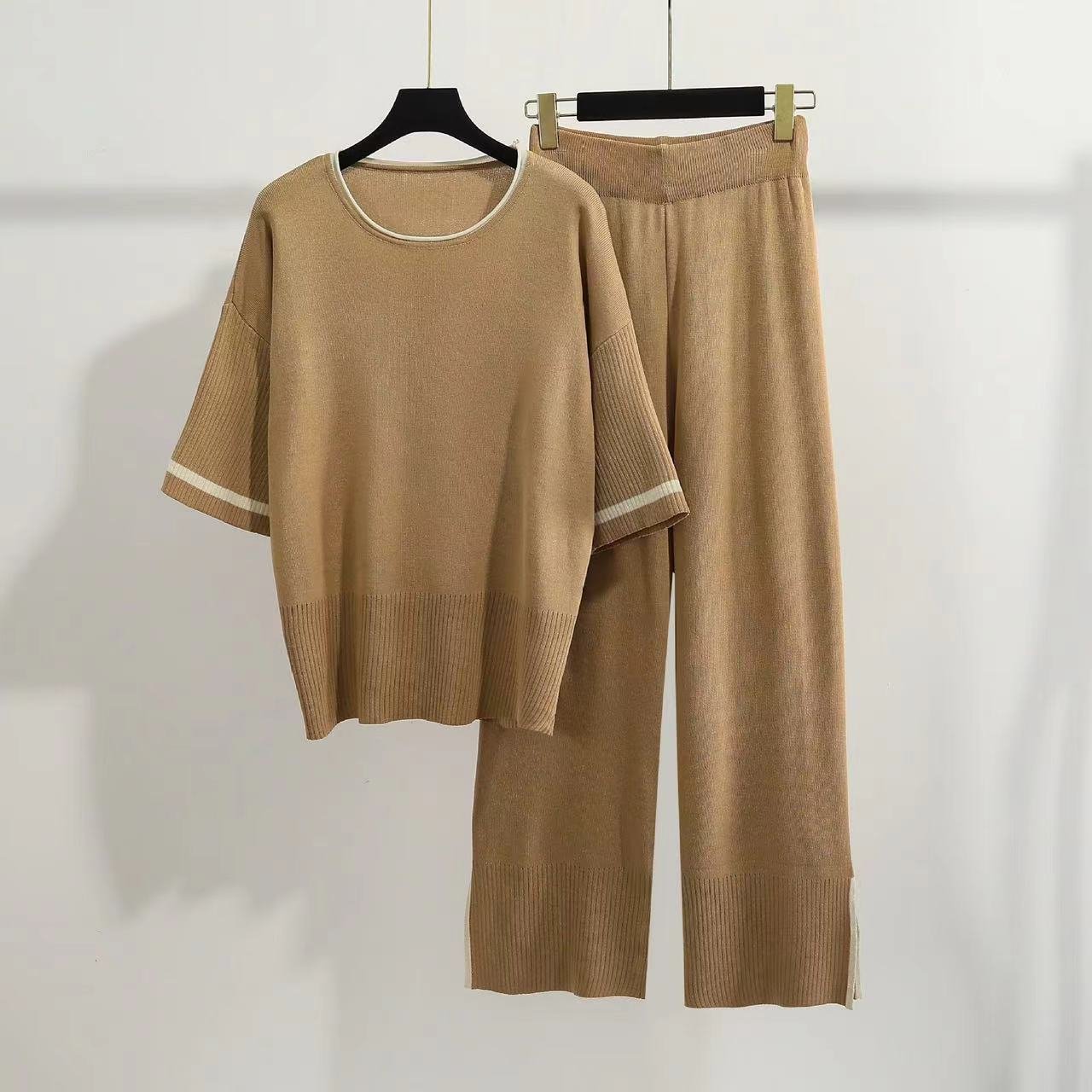 Modest Knitwear Shortsleeve Pullover And Pants Outfits Women'S Sets Plus Size Summer