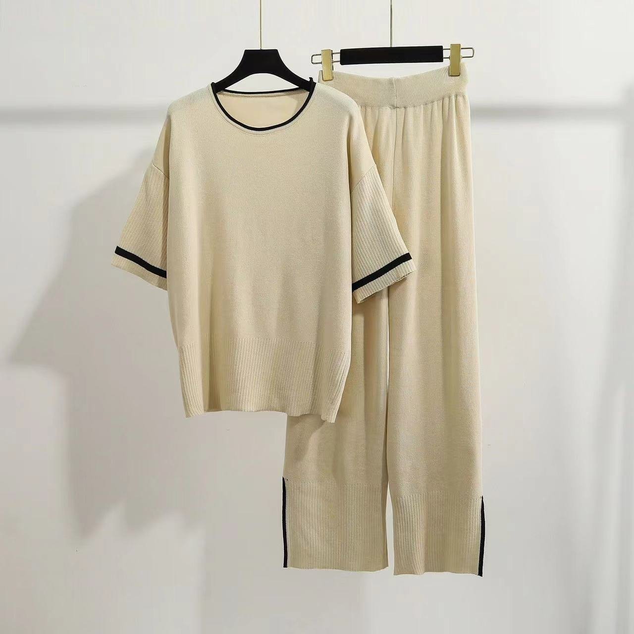 Modest Knitwear Shortsleeve Pullover And Pants Outfits Women'S Sets Plus Size Summer