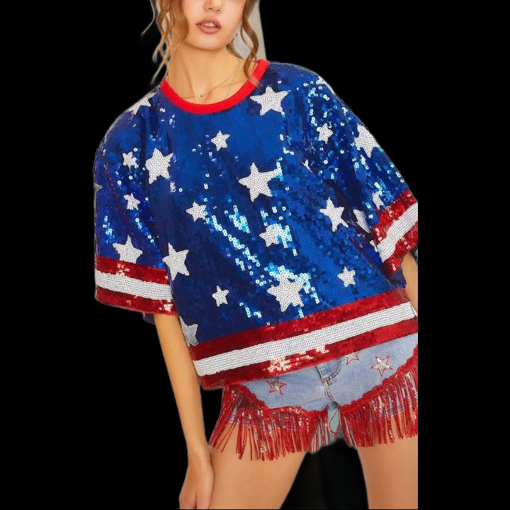 Custom Half Sleeve Round Neck T Shirts USA Independence Day July 4th Star Pattern Sequin Shirt For Women