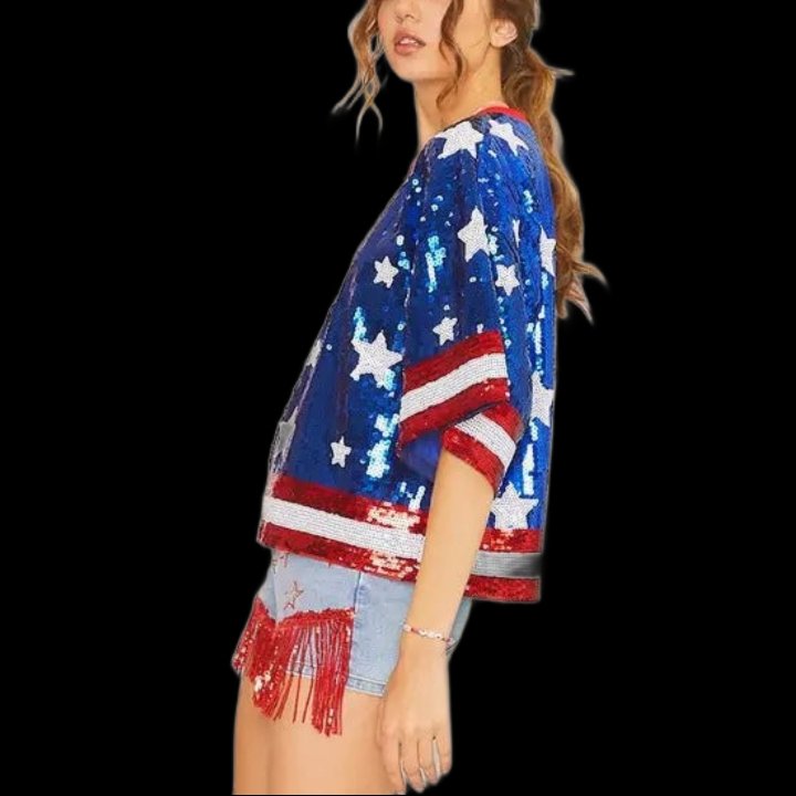 Custom Half Sleeve Round Neck T Shirts USA Independence Day July 4th Star Pattern Sequin Shirt For Women