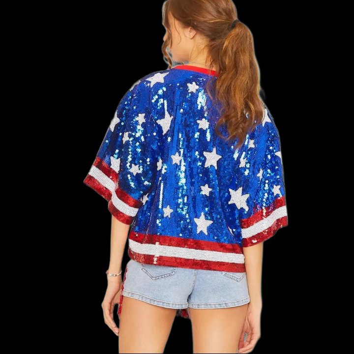 Custom Half Sleeve Round Neck T Shirts USA Independence Day July 4th Star Pattern Sequin Shirt For Women