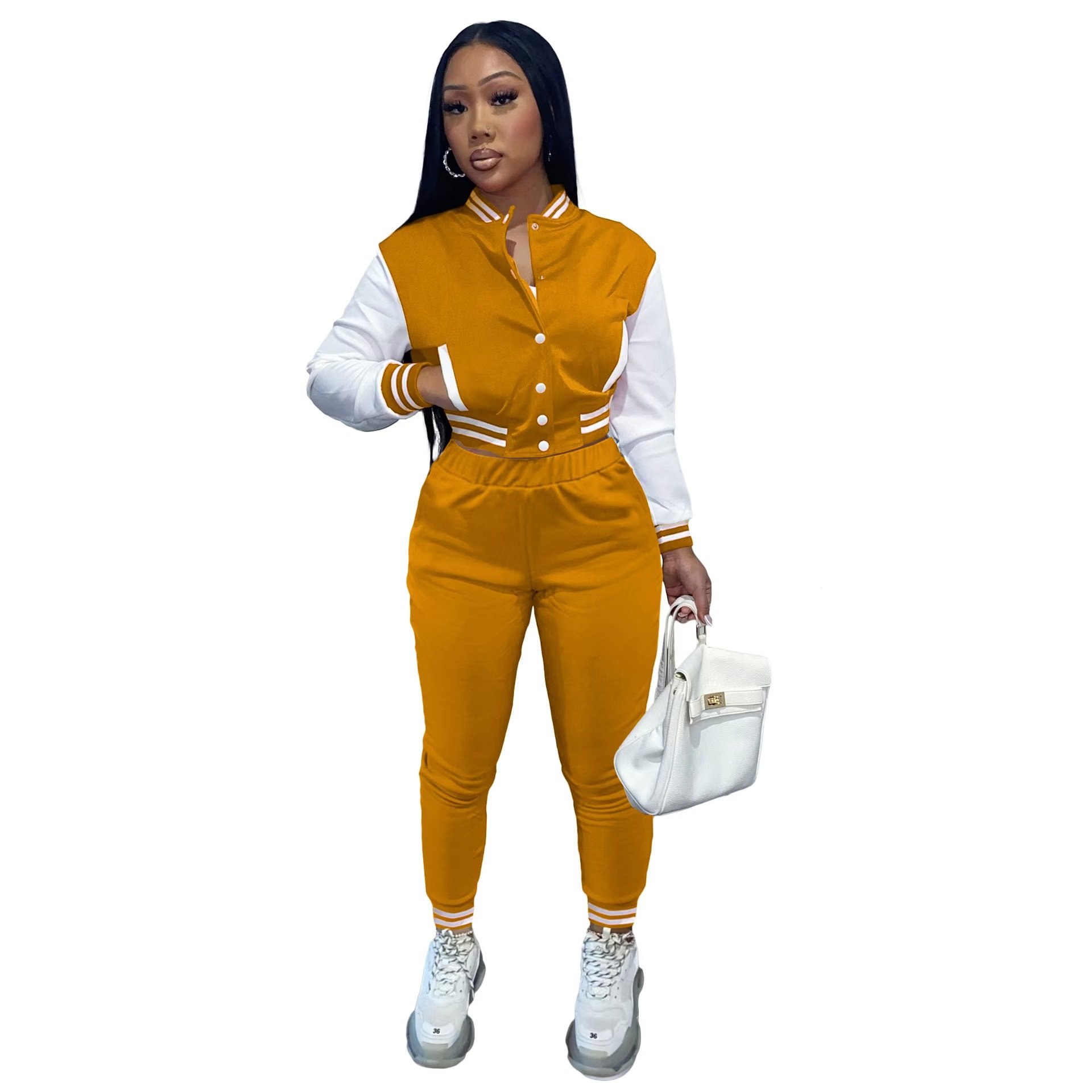 Women's Two-Piece Cotton Tracksuit Varsity Jacket Crop Top Button down Letterman Jackets Pants Club Style Club Sports Wear