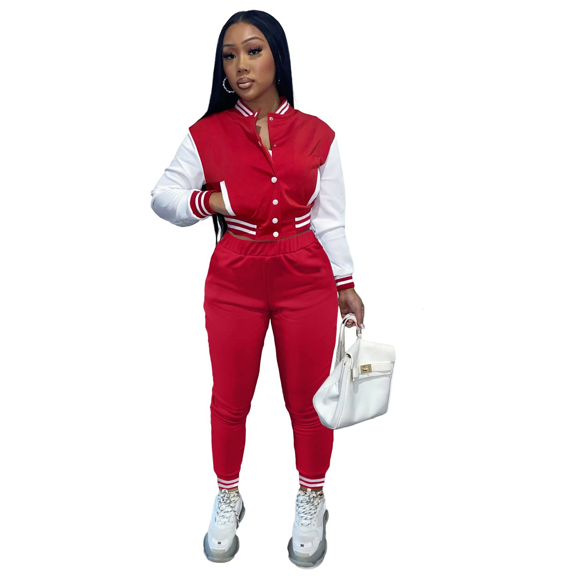 Women's Two-Piece Cotton Tracksuit Varsity Jacket Crop Top Button down Letterman Jackets Pants Club Style Club Sports Wear
