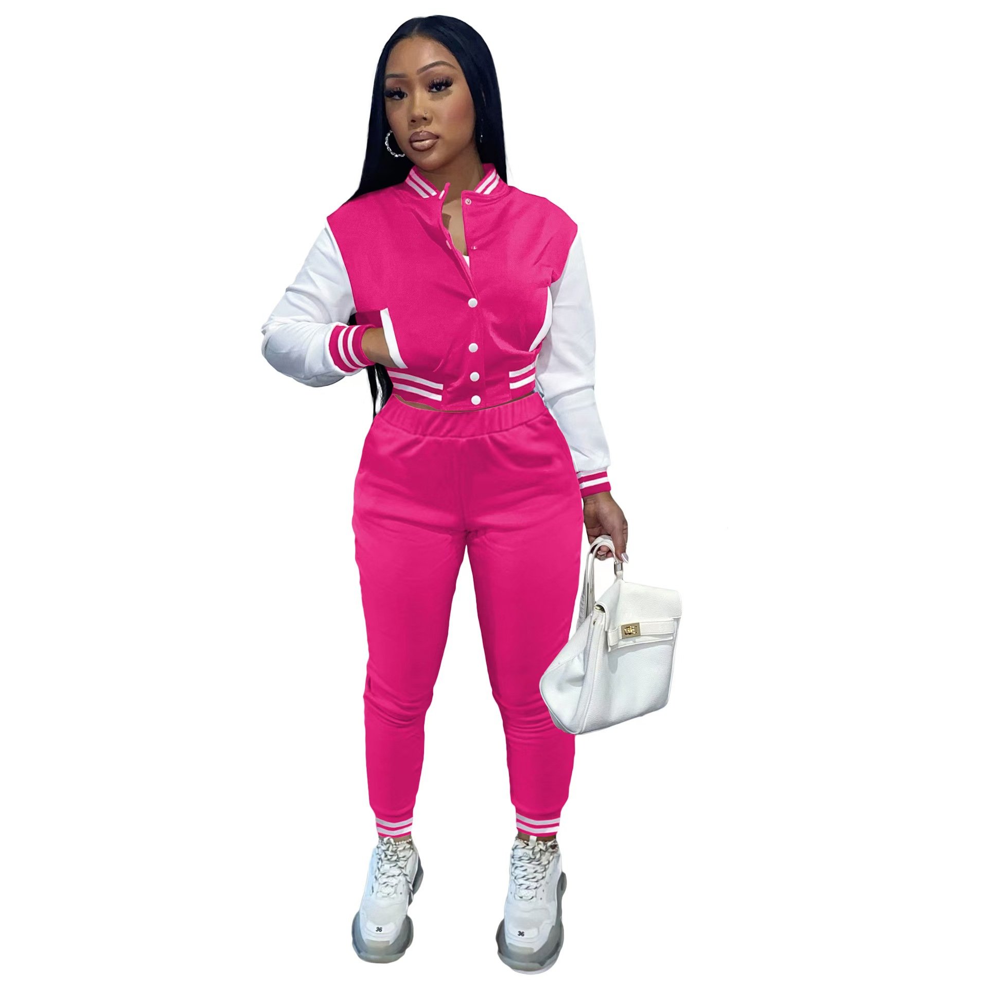 Women's Two-Piece Cotton Tracksuit Varsity Jacket Crop Top Button down Letterman Jackets Pants Club Style Club Sports Wear
