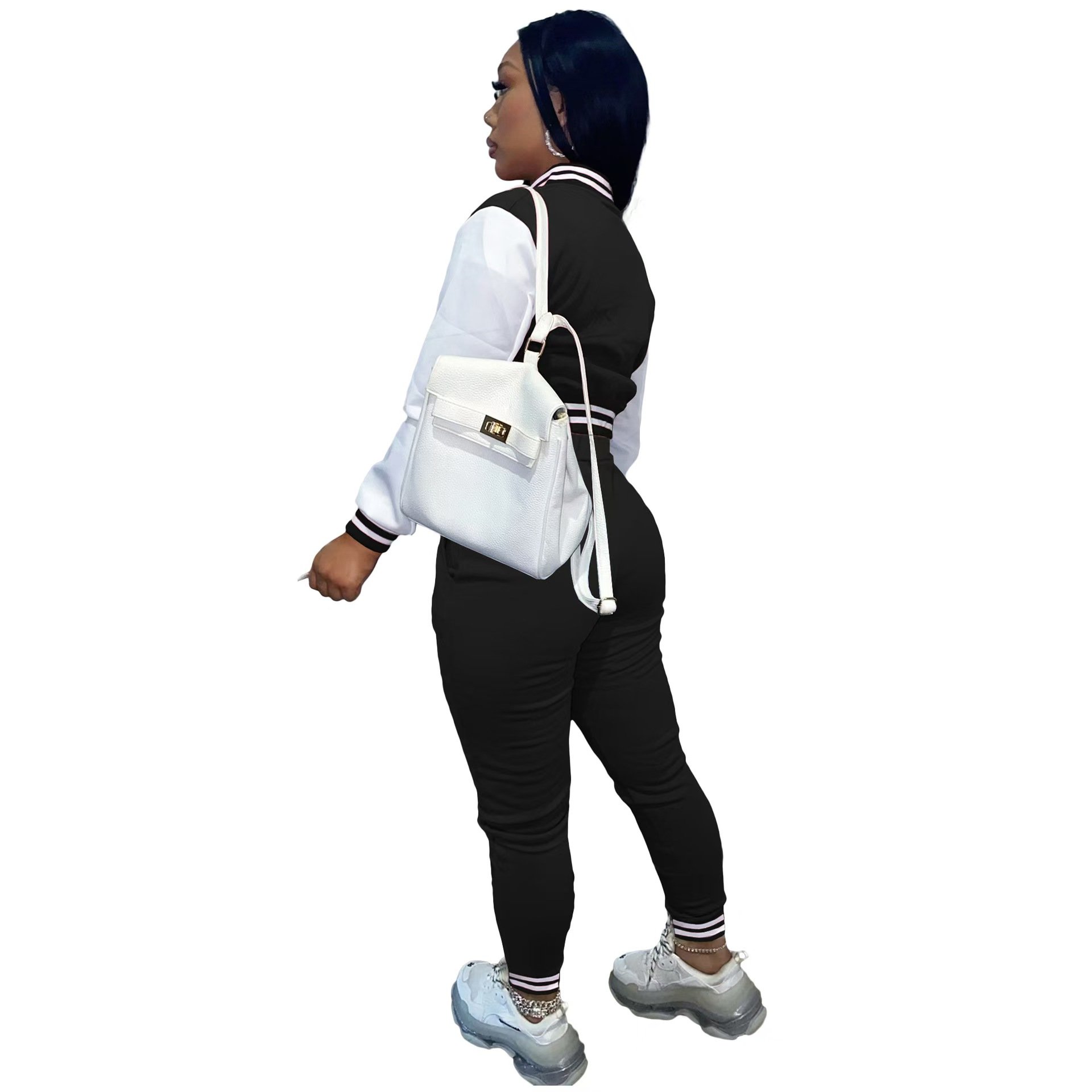 Women's Two-Piece Cotton Tracksuit Varsity Jacket Crop Top Button down Letterman Jackets Pants Club Style Club Sports Wear
