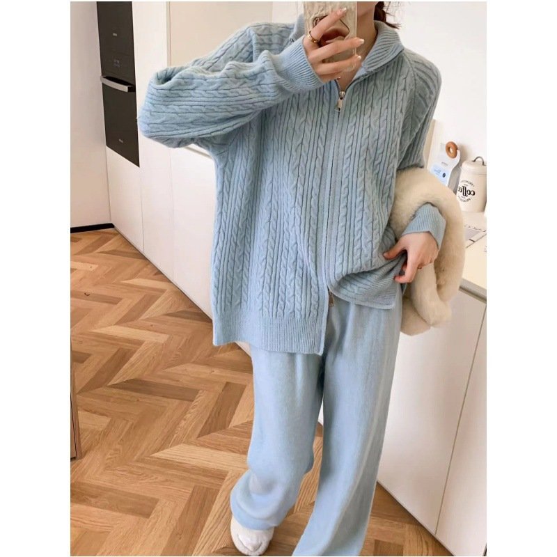 Boutique Wholesale 2024 Autumn New Fashion Stand Up Collar Zipper Cardigan Sweater Knitted Casual Pants Women's Set