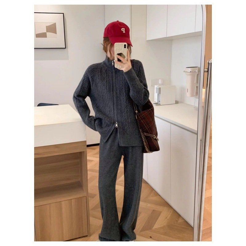 Boutique Wholesale 2024 Autumn New Fashion Stand Up Collar Zipper Cardigan Sweater Knitted Casual Pants Women's Set