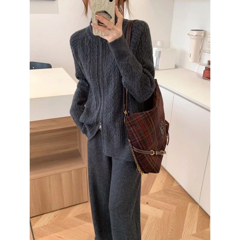 Boutique Wholesale 2024 Autumn New Fashion Stand Up Collar Zipper Cardigan Sweater Knitted Casual Pants Women's Set
