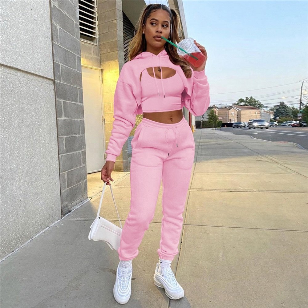 2022 New Arrival Thick Tracksuit 3 Piece Set Women Clothes Tank Top Hoodie Drawstring Long Pants Jogger Sweat Suit Set Women