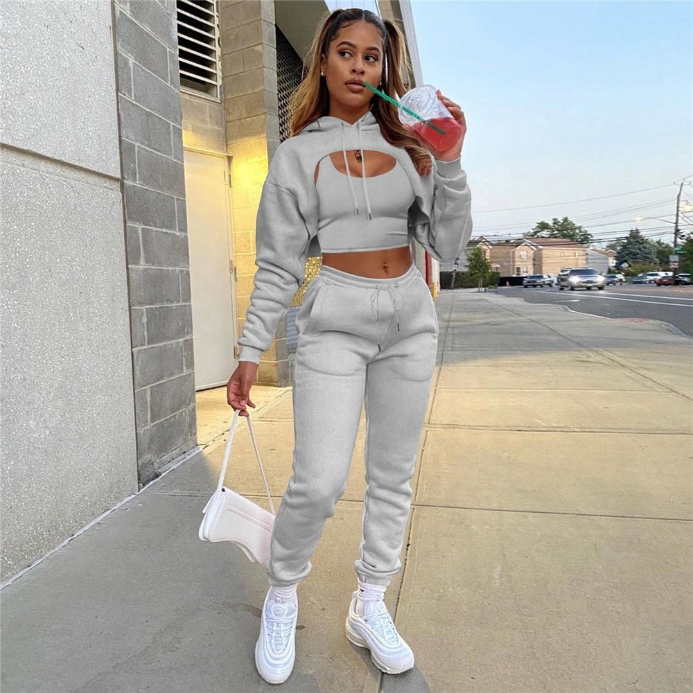 2022 New Arrival Thick Tracksuit 3 Piece Set Women Clothes Tank Top Hoodie Drawstring Long Pants Jogger Sweat Suit Set Women