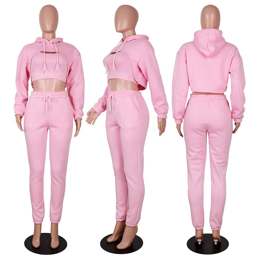 2022 New Arrival Thick Tracksuit 3 Piece Set Women Clothes Tank Top Hoodie Drawstring Long Pants Jogger Sweat Suit Set Women