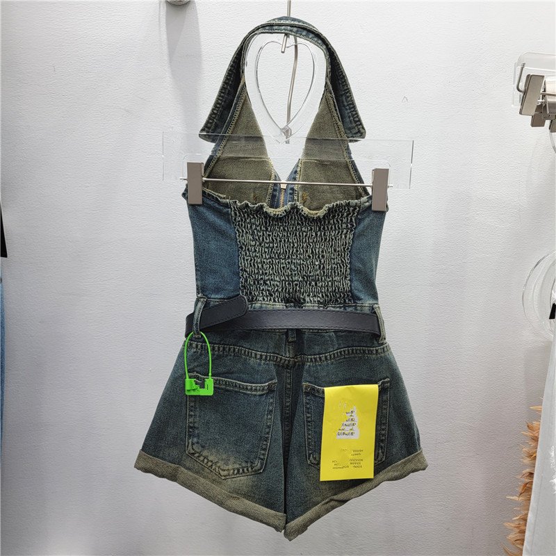 Boutique Wholesale 2024 Summer New Sleeveless Single Breasted Vest High Waist Rolled Edge Wide Leg Shorts Denim Women's Sets