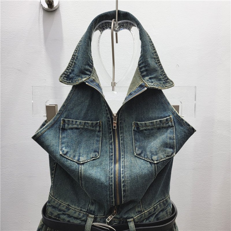 Boutique Wholesale 2024 Summer New Sleeveless Single Breasted Vest High Waist Rolled Edge Wide Leg Shorts Denim Women's Sets