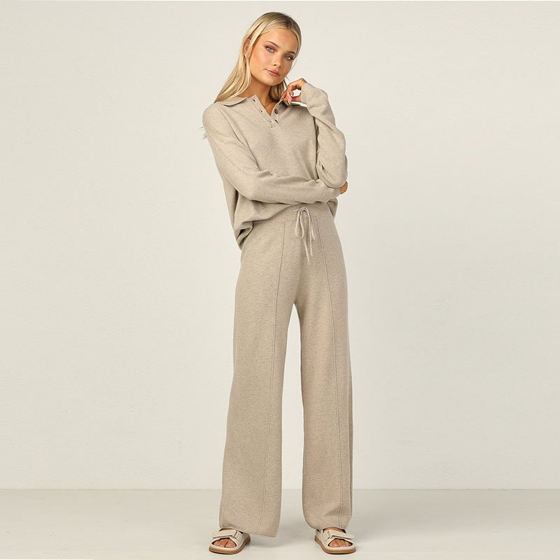 Plus size women's sets Long sleeves polo knitted top and wide leg pants pants two piece lounge sweater set