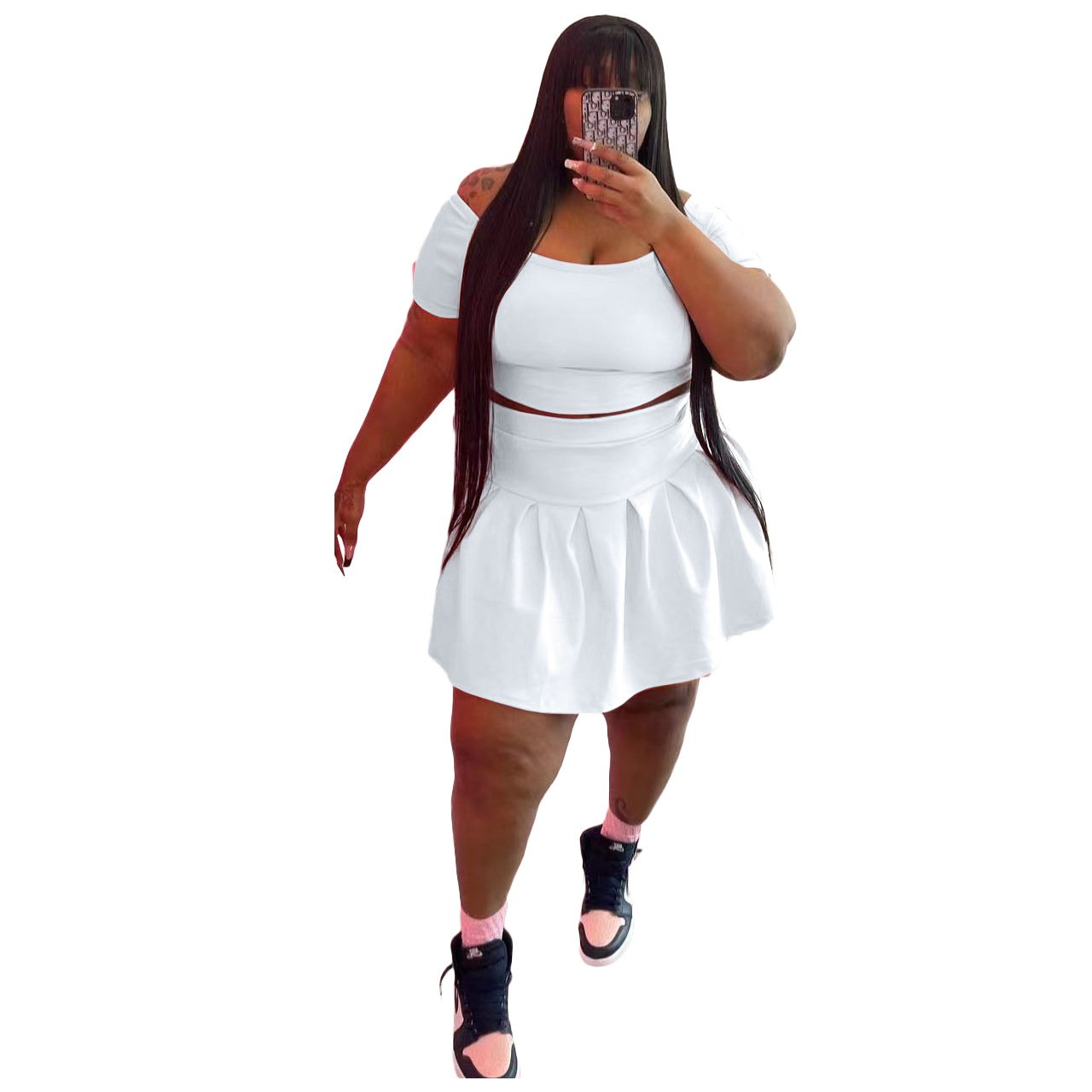 Amazon hot sale women's plus size clothing fashion off shoulder crop top tracksuit solid color women cotton 2 piece skirt set