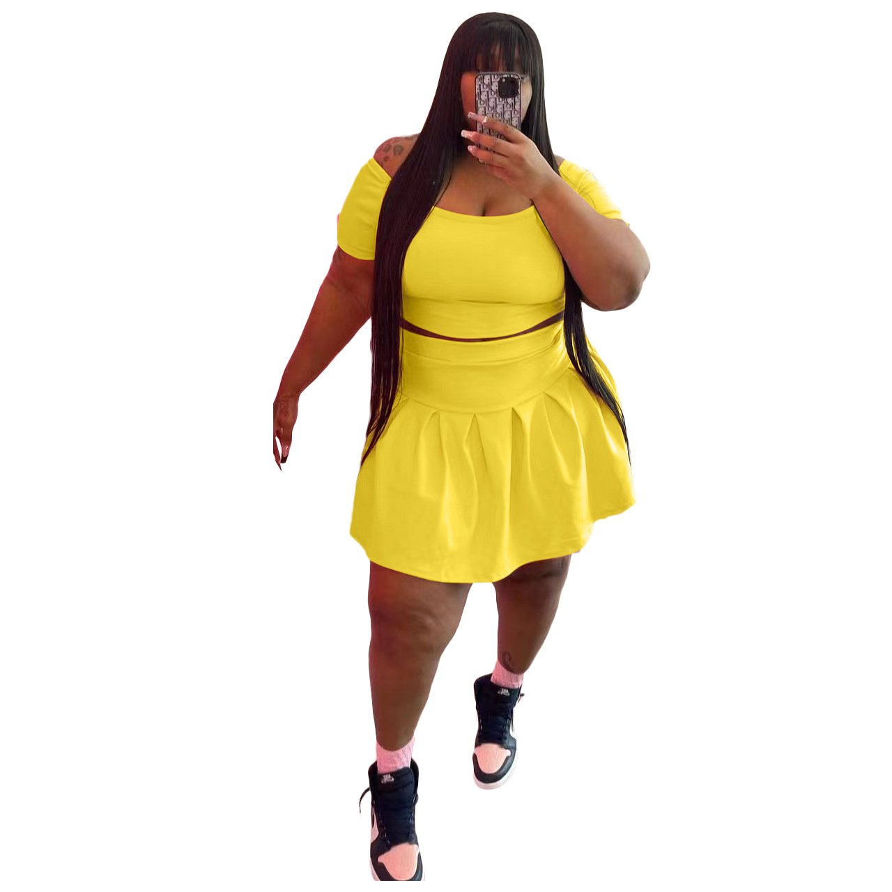 Amazon hot sale women's plus size clothing fashion off shoulder crop top tracksuit solid color women cotton 2 piece skirt set