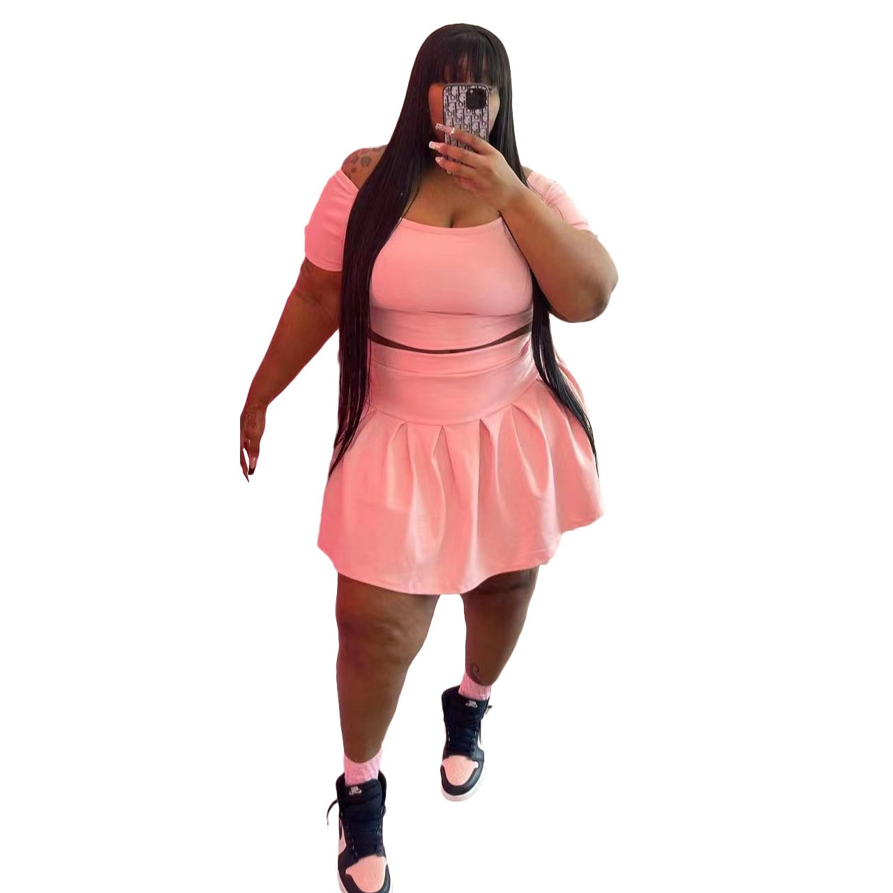 Amazon hot sale women's plus size clothing fashion off shoulder crop top tracksuit solid color women cotton 2 piece skirt set