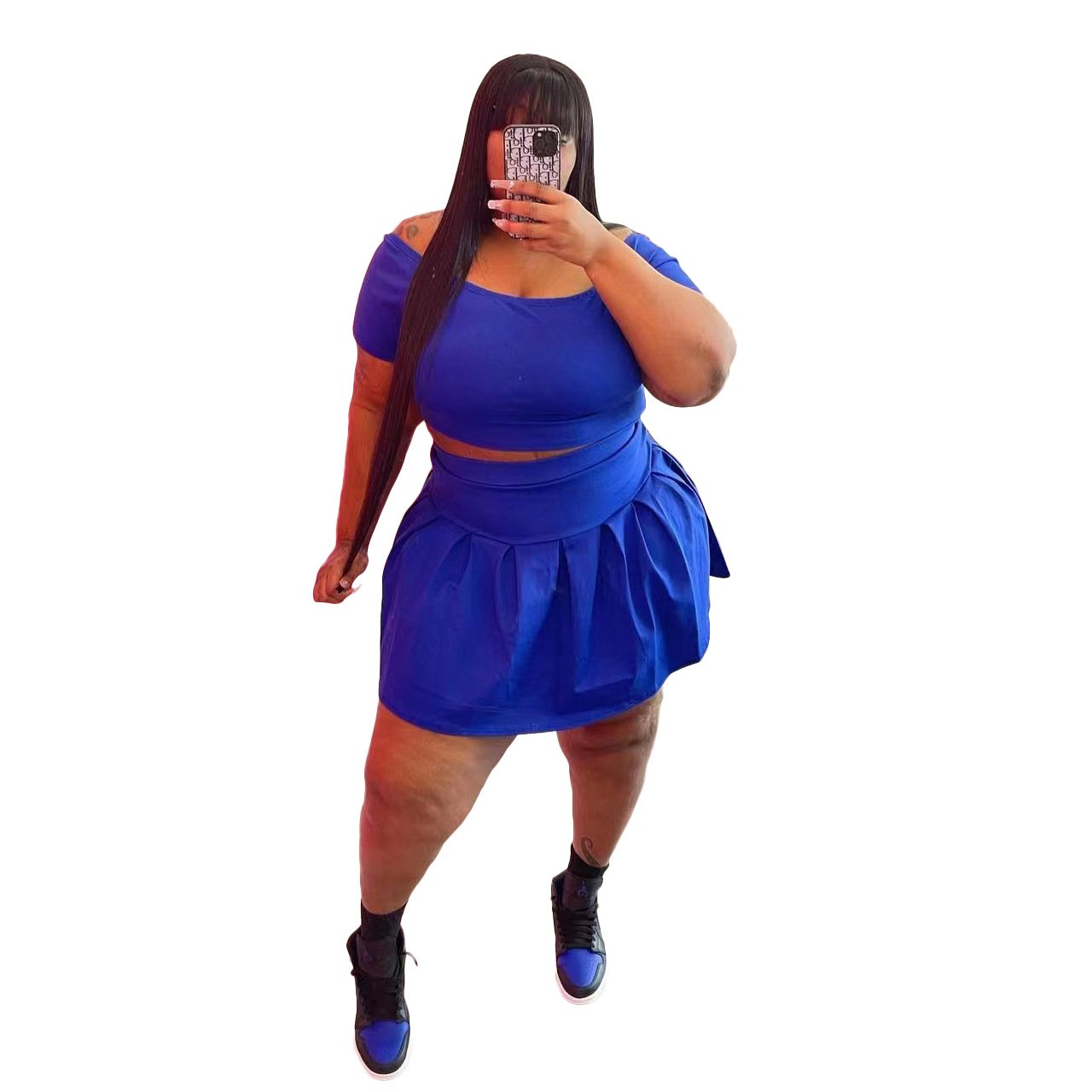 Amazon hot sale women's plus size clothing fashion off shoulder crop top tracksuit solid color women cotton 2 piece skirt set