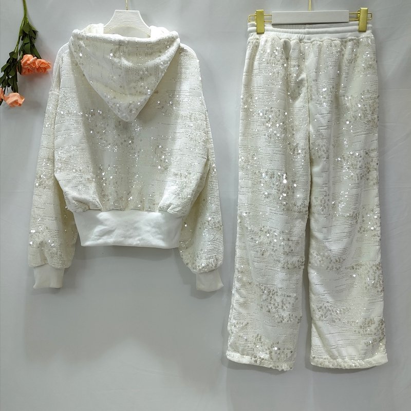 Luxury Lady 2 Piece Sweat Pants Sets Women Bling Tracksuit Long Sleeve Sequined Hoodies Set