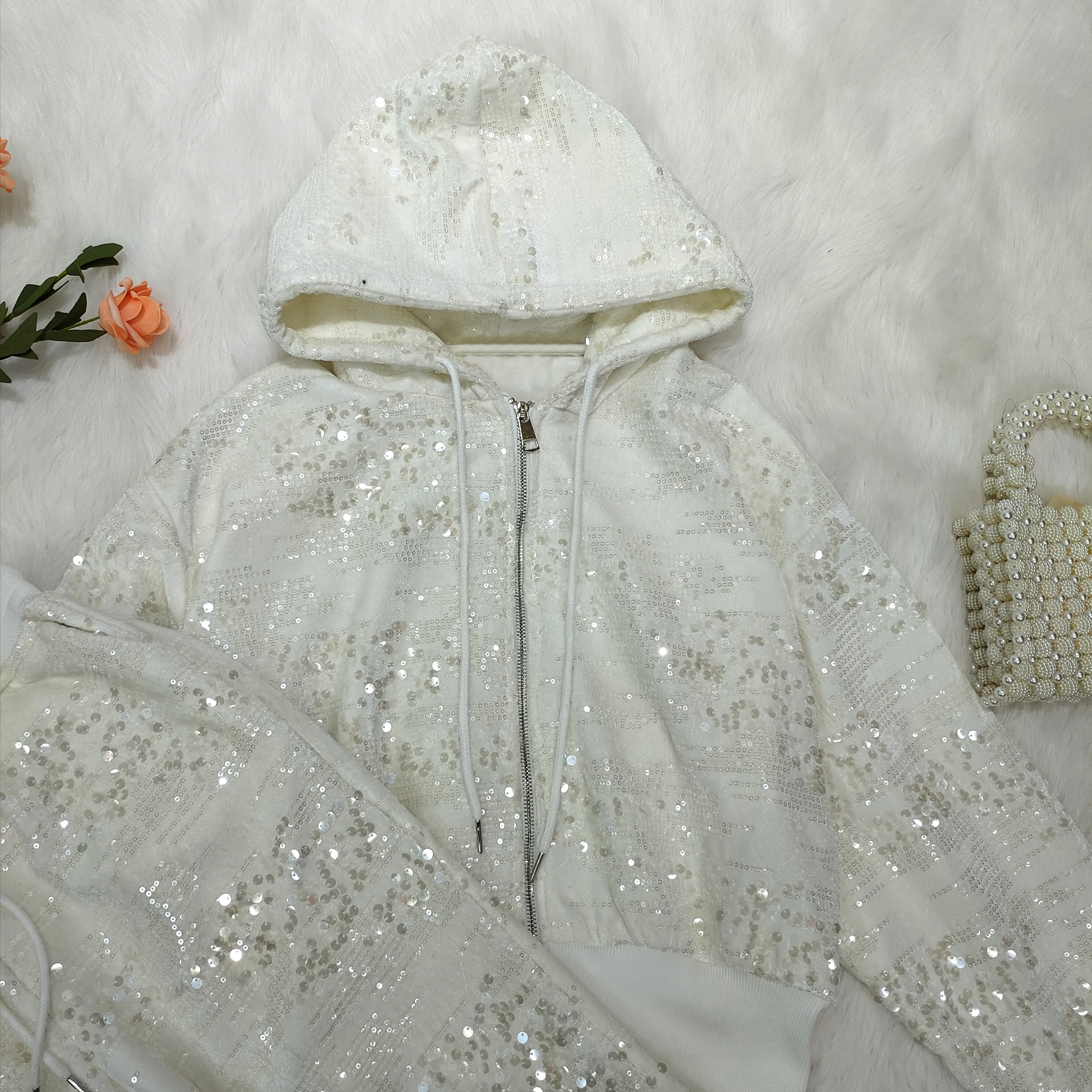 Luxury Lady 2 Piece Sweat Pants Sets Women Bling Tracksuit Long Sleeve Sequined Hoodies Set