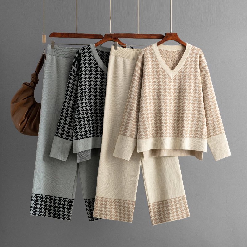 Boutique Wholesale 2024 Autumn New Fashion V-neck Sweater Casual Knitted Wide Leg Pants Women's Set