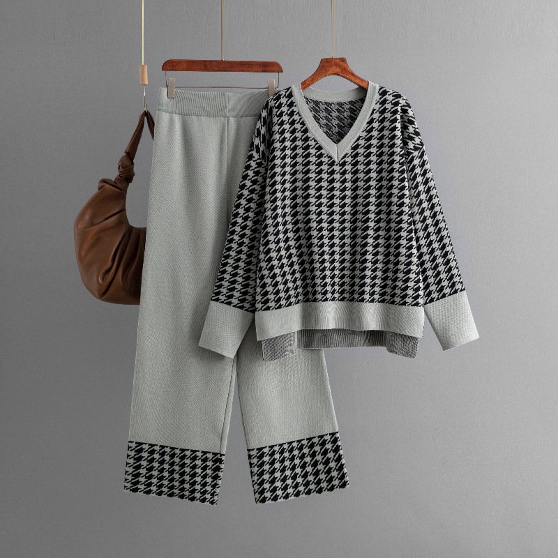 Boutique Wholesale 2024 Autumn New Fashion V-neck Sweater Casual Knitted Wide Leg Pants Women's Set