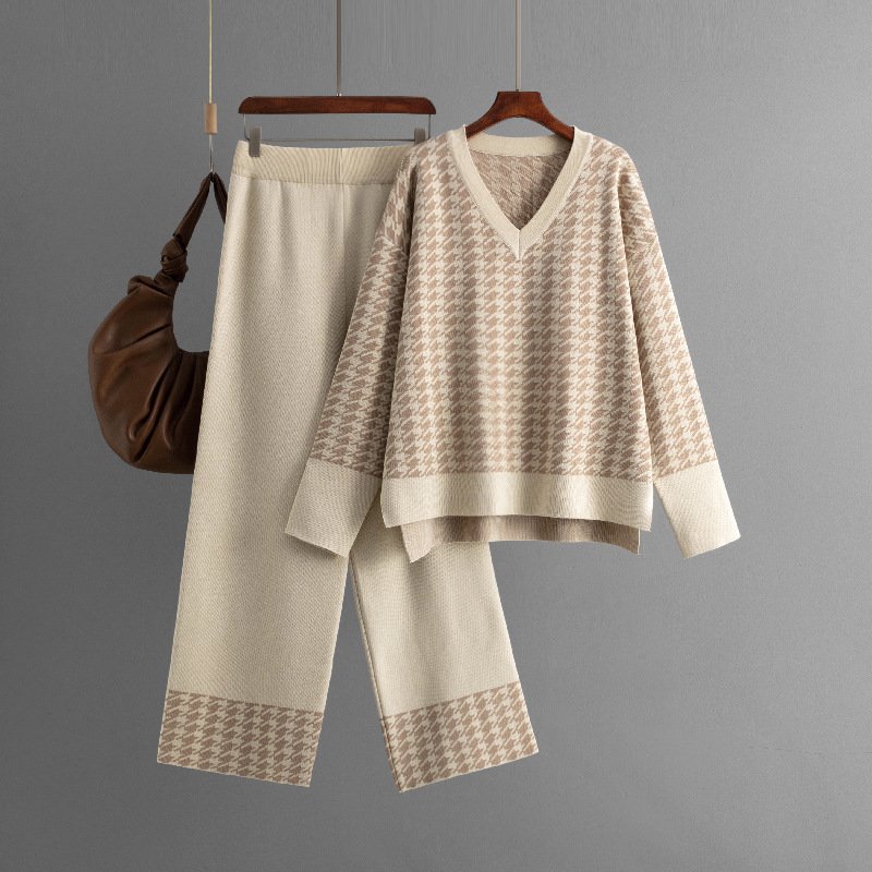 Boutique Wholesale 2024 Autumn New Fashion V-neck Sweater Casual Knitted Wide Leg Pants Women's Set