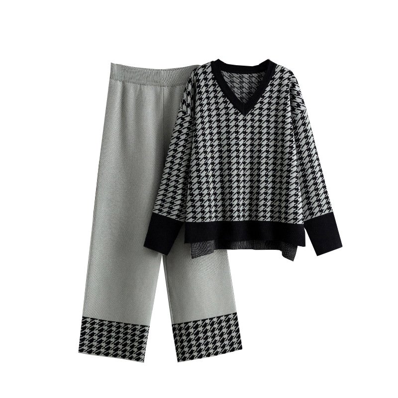 Boutique Wholesale 2024 Autumn New Fashion V-neck Sweater Casual Knitted Wide Leg Pants Women's Set