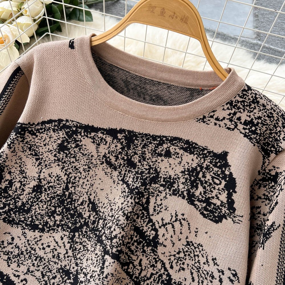 Autumn Winter New knitted Printed Set Women's Crew-Neck Sweater + Wide-Leg Trousers Two-Piece Set