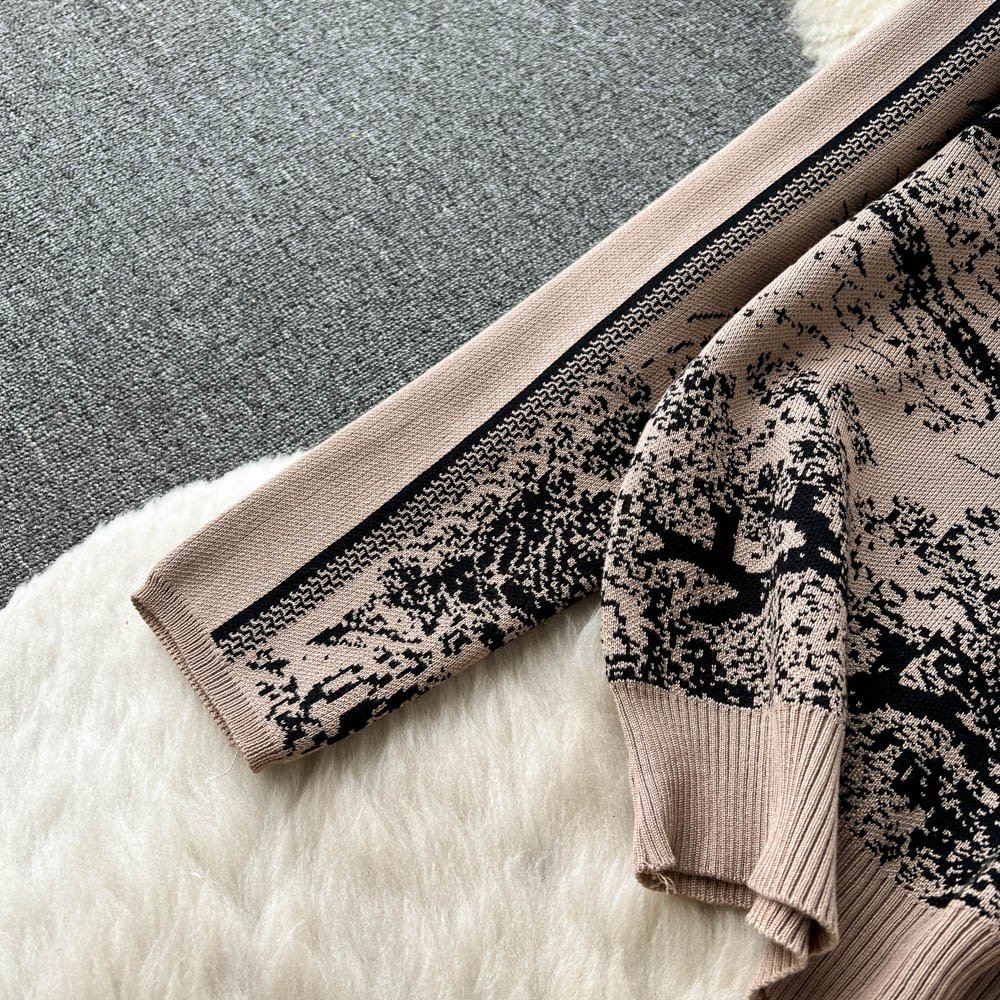 Autumn Winter New knitted Printed Set Women's Crew-Neck Sweater + Wide-Leg Trousers Two-Piece Set
