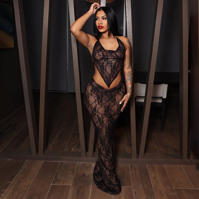 New Design Sexy Summer Lace Up Sleeveless Crop Top And Skirt 2 Piece Set Solid Bodycon See Through Sexy Women's Set